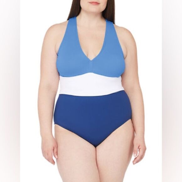 Lauren Ralph Lauren BLUE Color-Block Twist Back Halter One-Piece Swimsuit US 10 - Picture 3 of 11